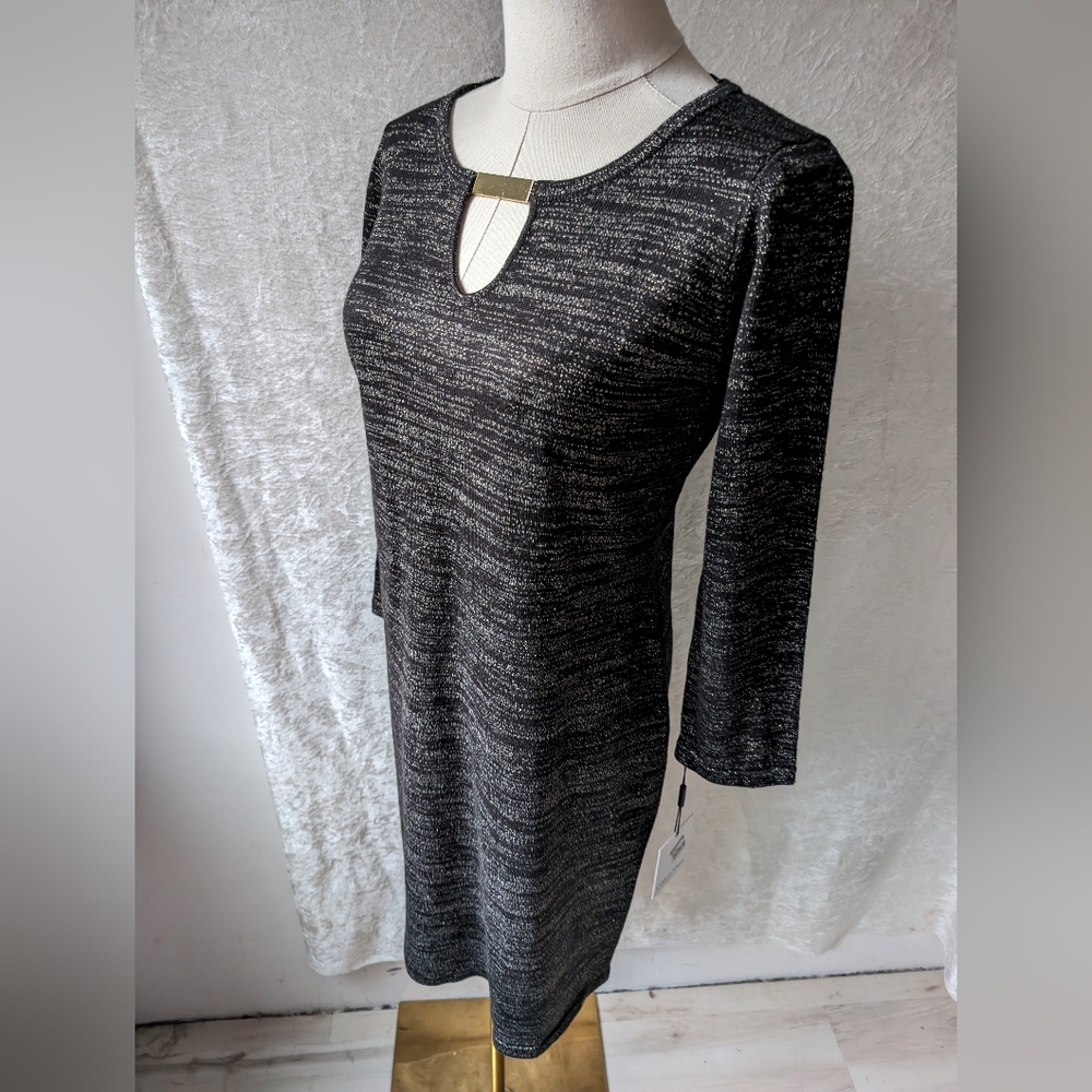 Calvin Klein Gold Shimmer Black Sweater Dress Long Sleeve Keyhole Gold Bar